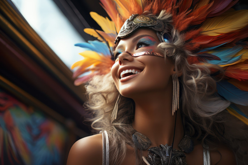 Carnival attendees in vibrant winged costumes