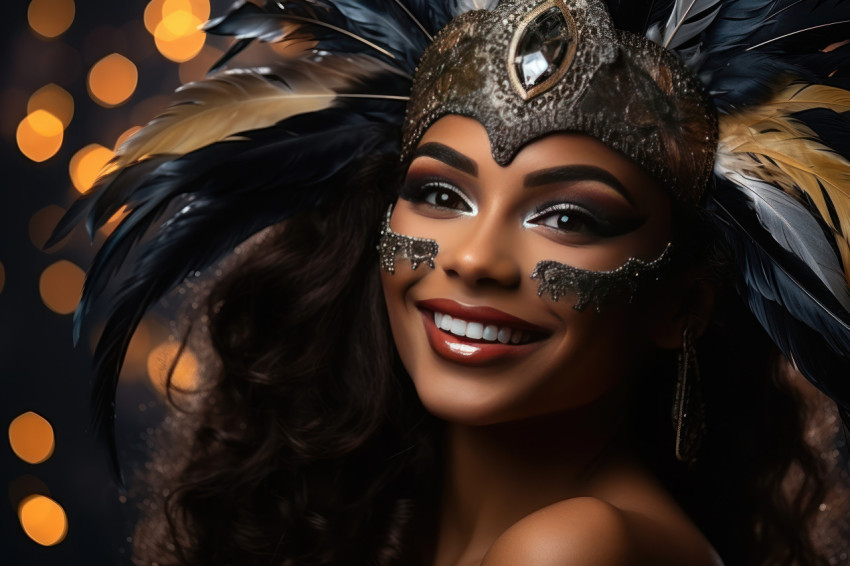 Feathered elegance woman shines in glittering carnival mask