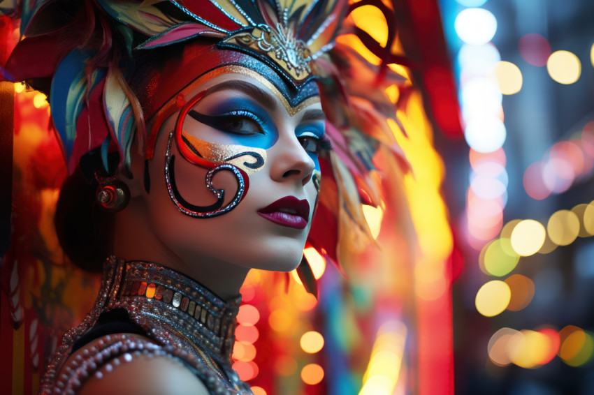 Carnival scene woman adorned in neon and mask