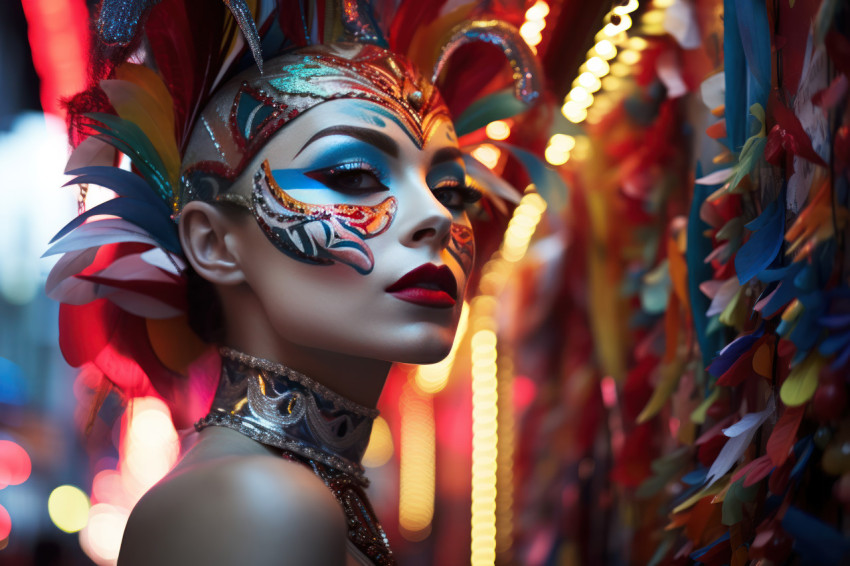 Glowing carnival woman in vibrant mask and neon lights