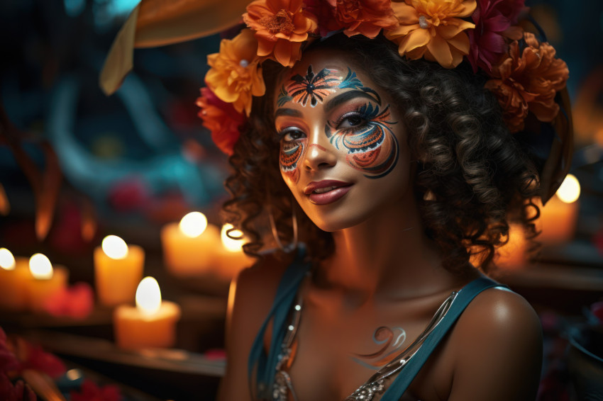 Woman immersed in carnival pond amid lanterns