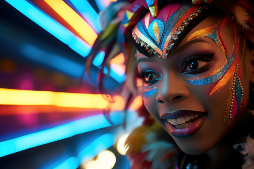 Glowing carnival mask woman takes part in vibrant nighttime run