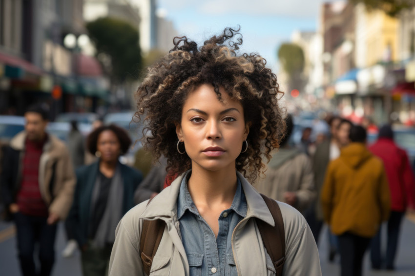 City stroll confidence determined woman in urban landscape