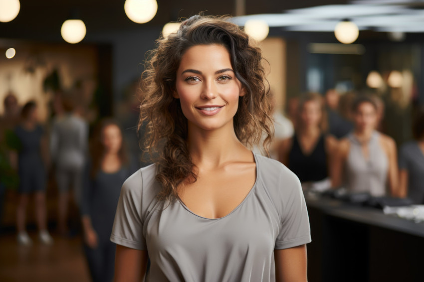 Fitness in the office businesswoman encouraging workplace wellness