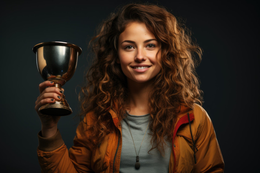 Euphoric achievement woman raises trophy