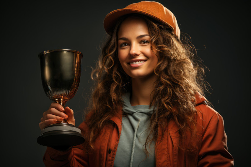 Glorious triumph woman raises trophy in celebration