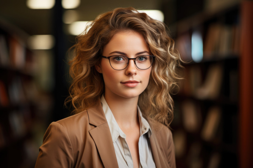 Empowered by education confident woman in library setting