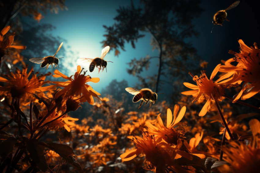 Bees dedicated to their duties in moonlight