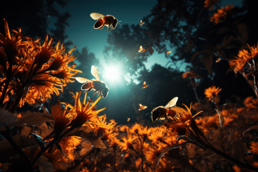 Midnight harvest bees collecting under the radiance of the full moon