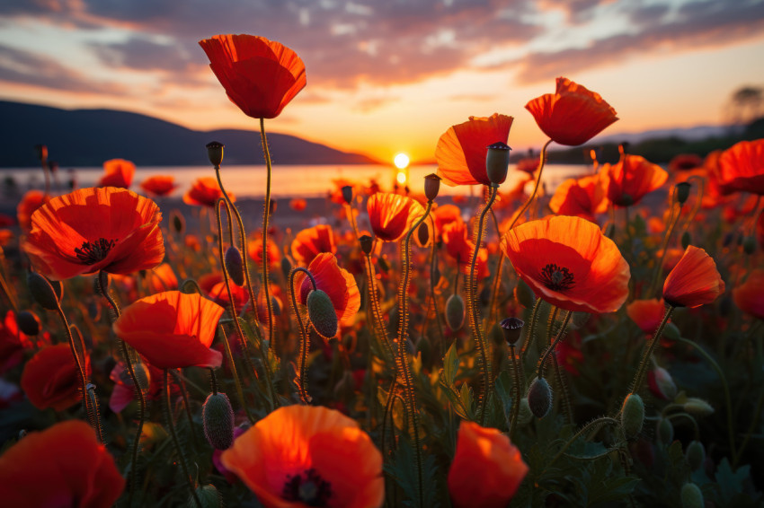 Mystic sunset vast poppy field awash in warmth