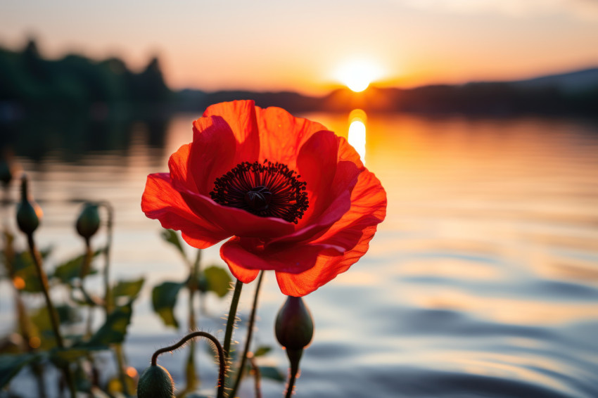 Reflective poppies in golden serenity