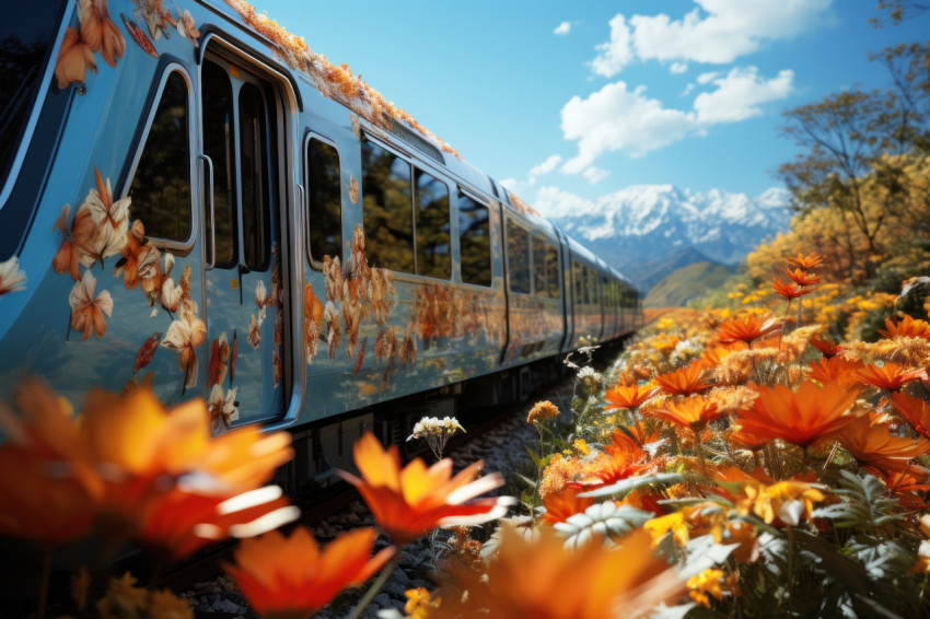 Covered carriage adventure train trek across breathtaking scenery