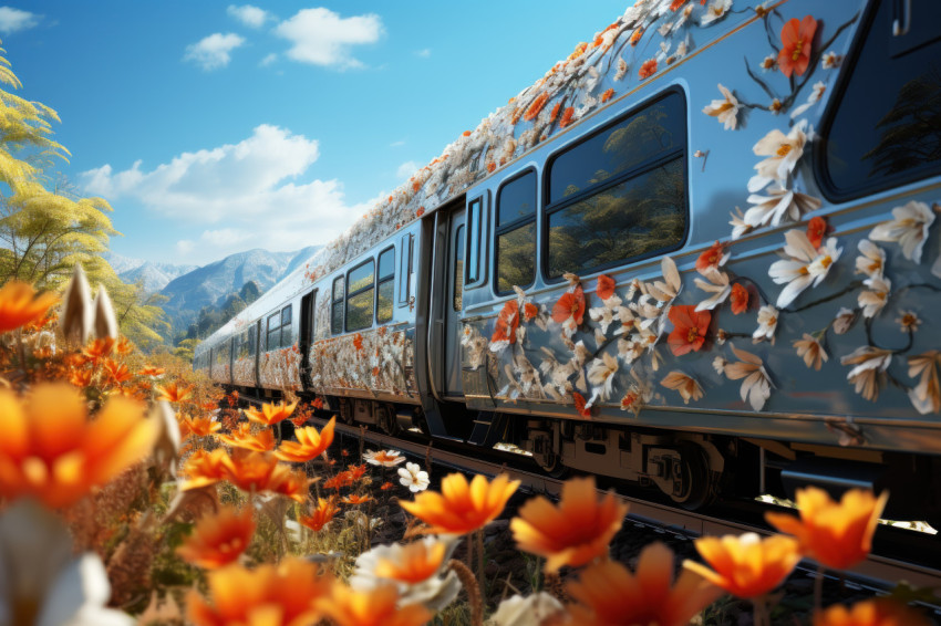 Covered train carriages amidst stunning landscapes