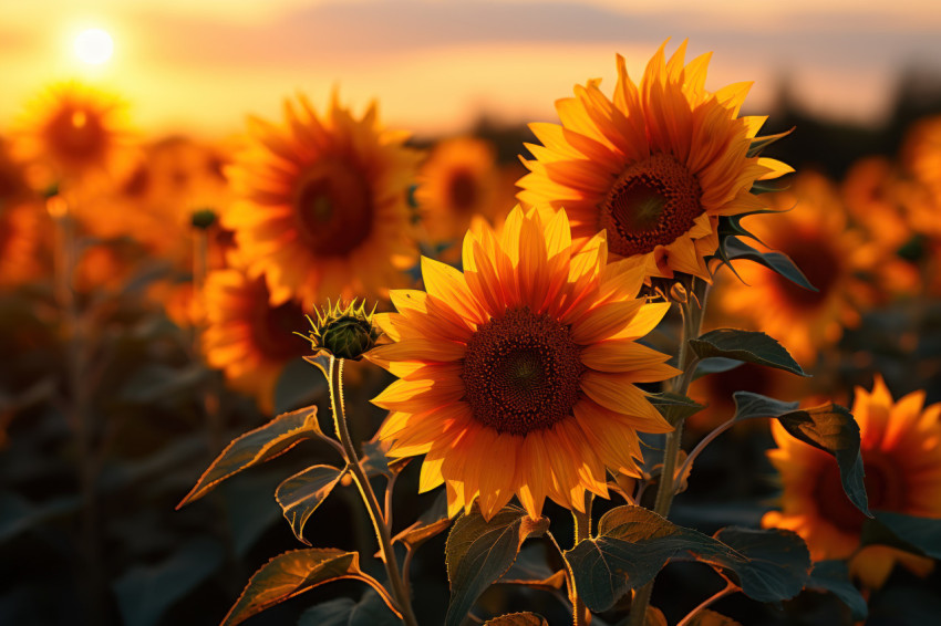 Sunset embrace on sunflower field