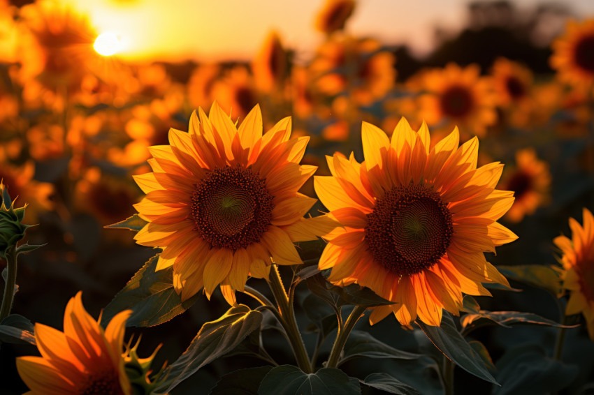 Elegance sunflowers bathed in setting sun glow