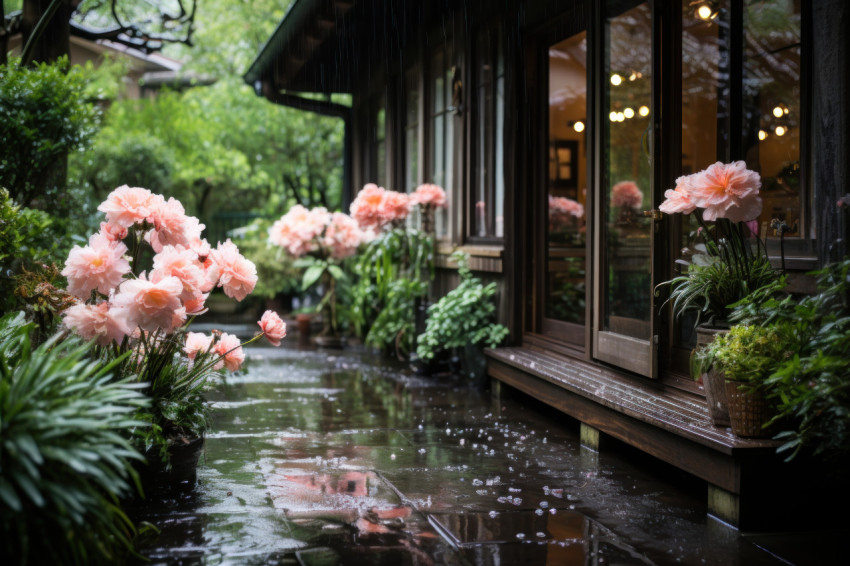 Reflective surfaces amidst garden rainfall