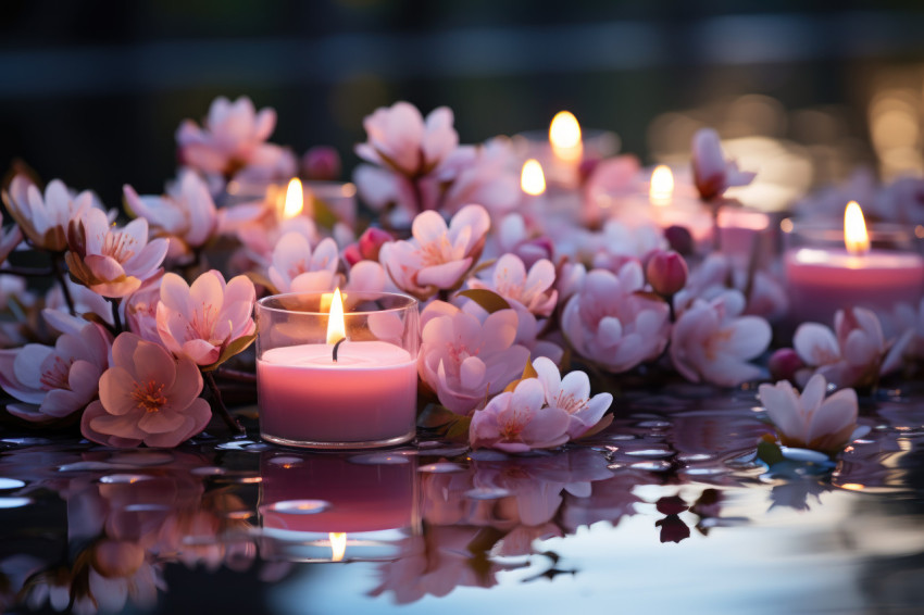 Spring glow tranquil pond adorned with floating candles