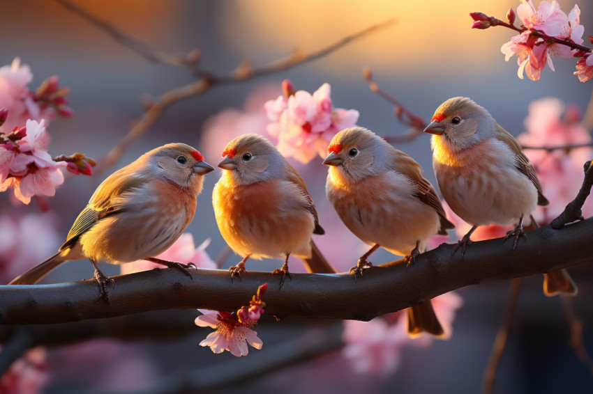 Vibrant songbirds embracing the golden hour