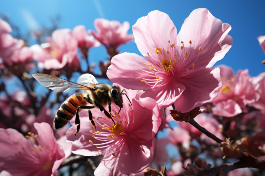 Bumblebee in mid flight amid spring flowers