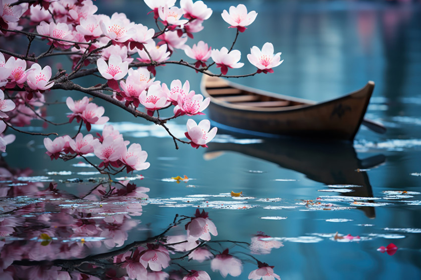 Spring beauty reflected in blossom laden waters