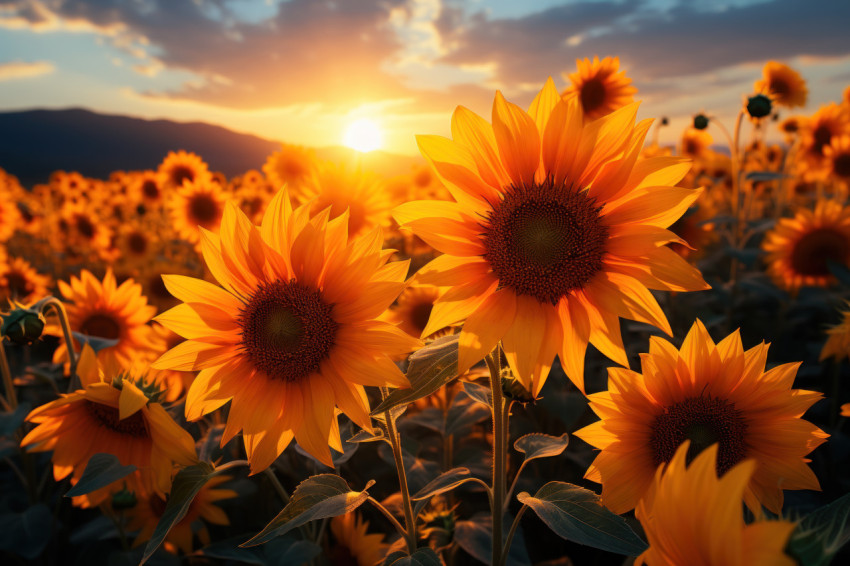 Sunflower field with long stretching shadows