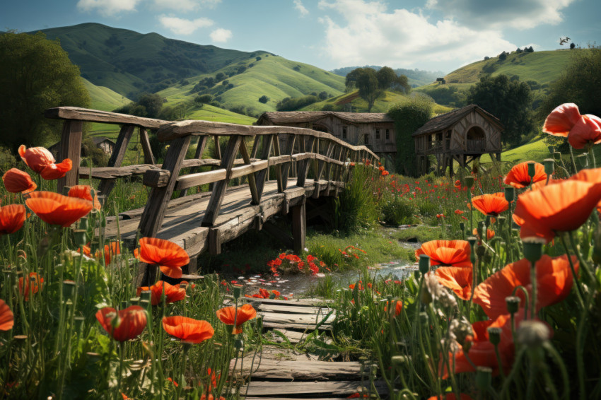 Poppies and pathways rustic bridge stitching nature beauty