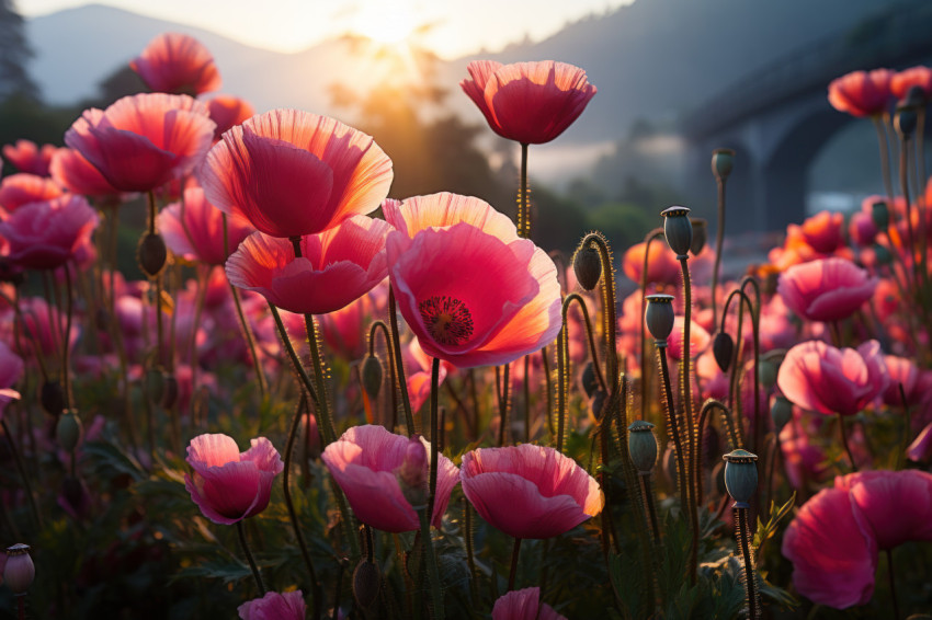 Sunrise serenade soft and warm illumination on poppy field