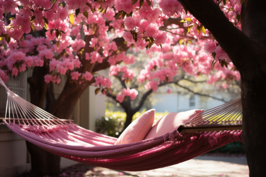 Blossom breeze relaxation in a hammock between flowering trees