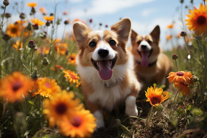 Puppies enjoying a spring playtime