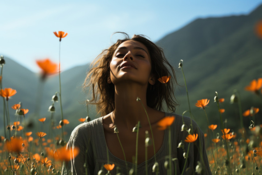 Peaceful reflection meditating in a poppy field