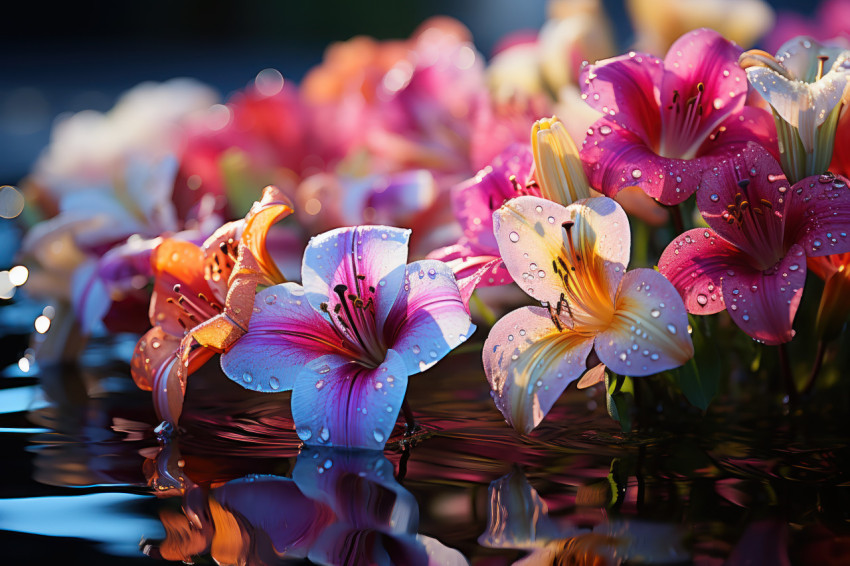 Vibrant lilies mirrored in polarized pond