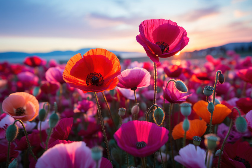 Field of reflection poppy flowers in daylight to twilight