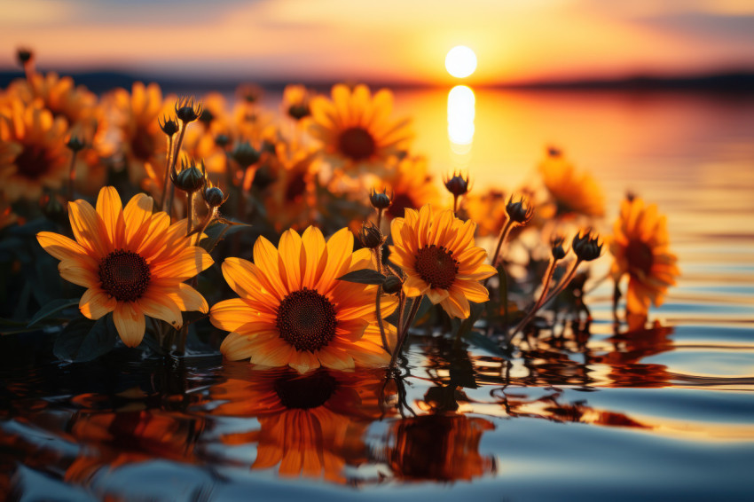 Sunflower symphony sunset reflection in the lake