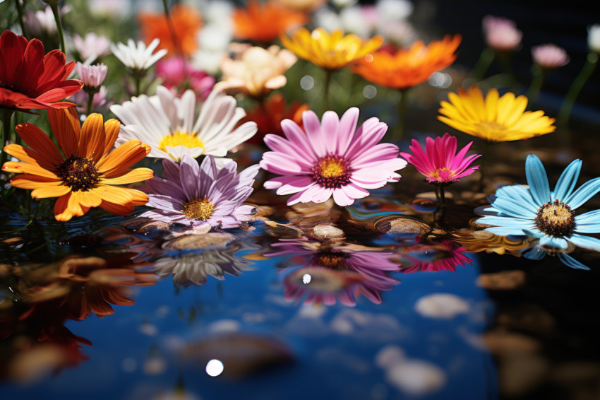 Tranquil bloom calm pond mirroring vibrant flora