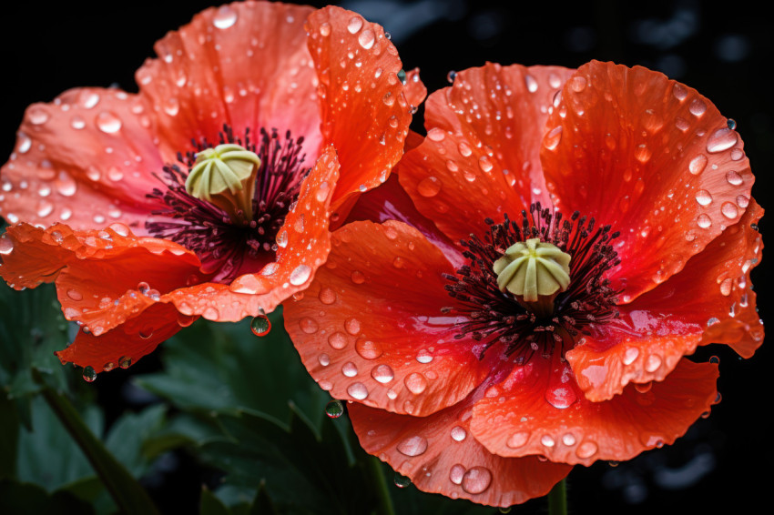 Glistening raindrops on poppy petals