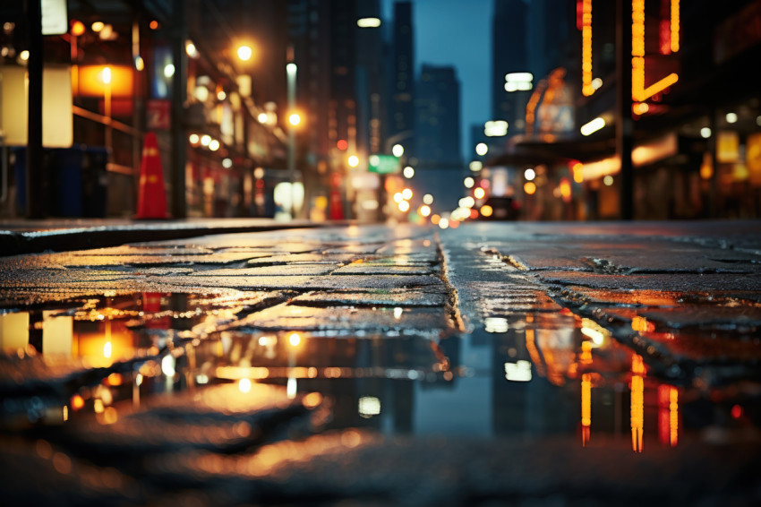 Urban cityscapes reflected in rain puddles