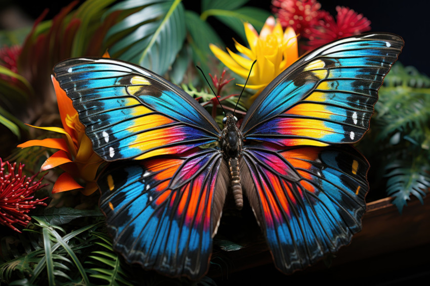 A colorful butterfly graces green foliage