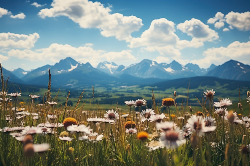 Tranquil alpine meadow framed by a panorama of breathtaking snow capped peaks