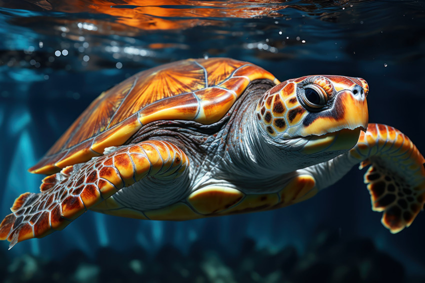 A sea turtle struggles through a polluted sea filled with plastic