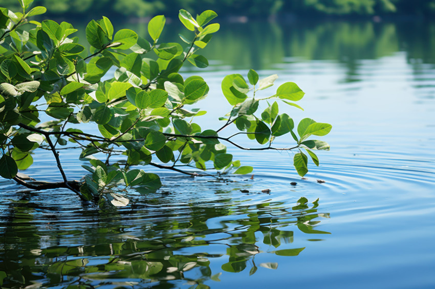 Green leaves on a peaceful water surface