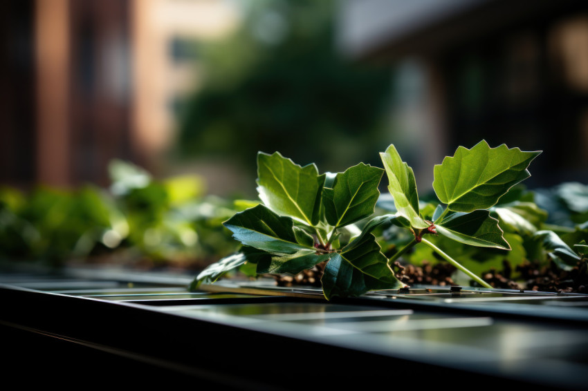 Leaves intertwine with solar panels in a sustainable energy tableau