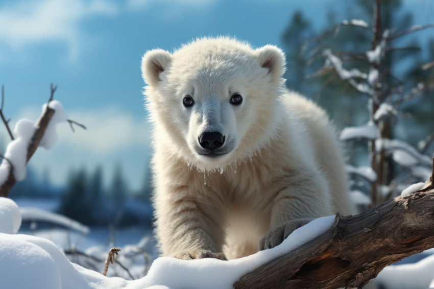 A charming scene of a curious polar bear cub investigating the arctic terrain