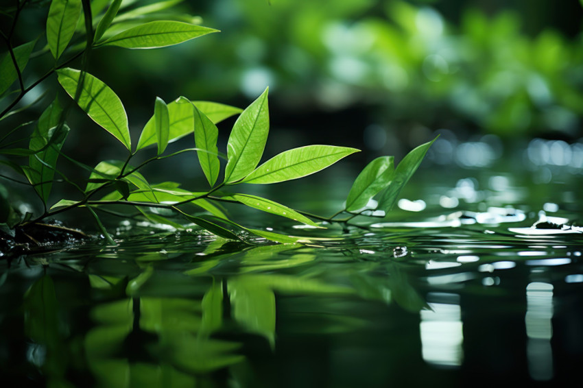 A calm pond mirrors the tranquility of lush green leaves