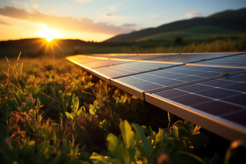 Serene solar panel field bathed in sunrise