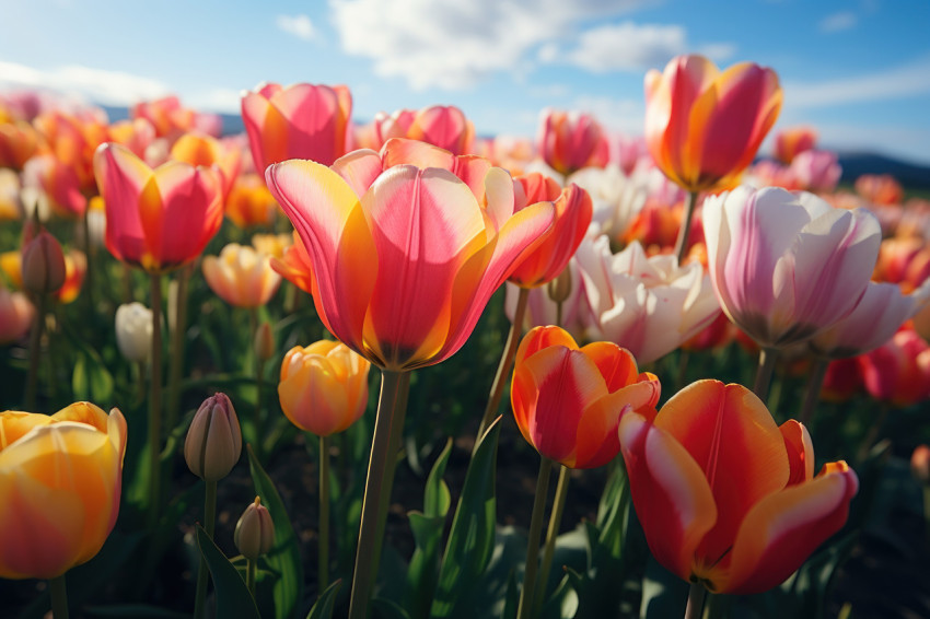 Sunrise in a picturesque tulip field