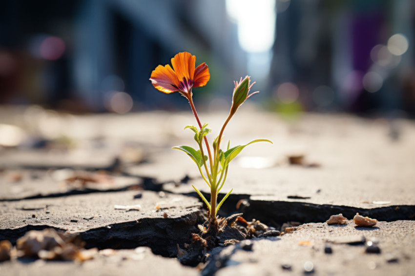 A delicate flower emerges in the cityscape shadows