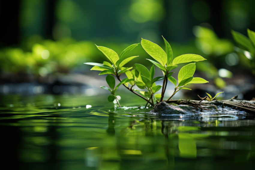 Green leaves in a calm water reflection