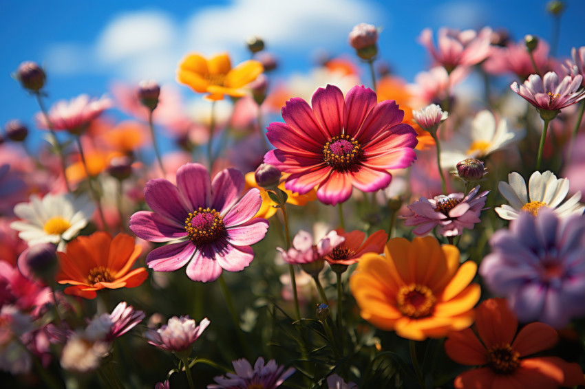 A lively meadow bursting with colorful blossoms under the sun