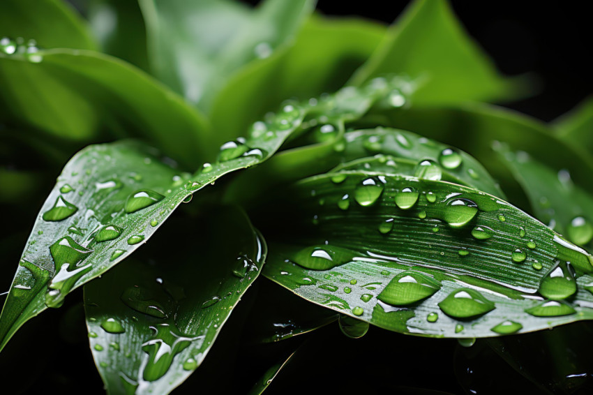 A delicate dance of raindrops on verdant leaves showcasing water vital and nurturing touch