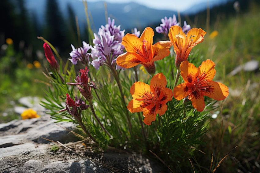 A stunning alpine meadow with wildflowers clear streams and majestic peaks